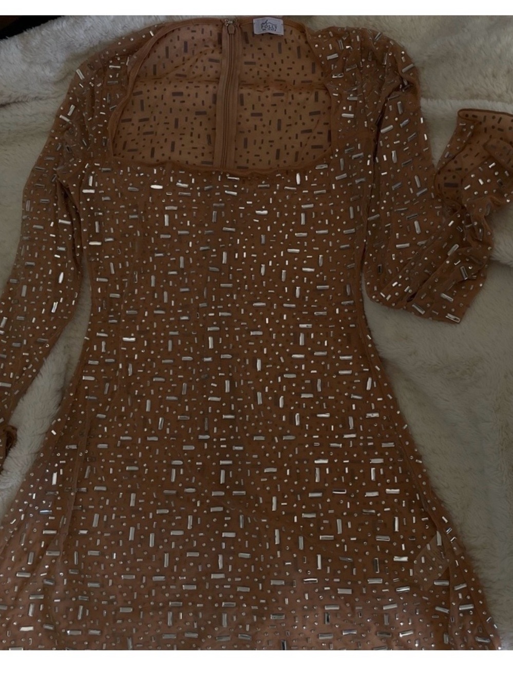 Oh Polly Tan Embellished Long-Sleeve Square Neck Dress